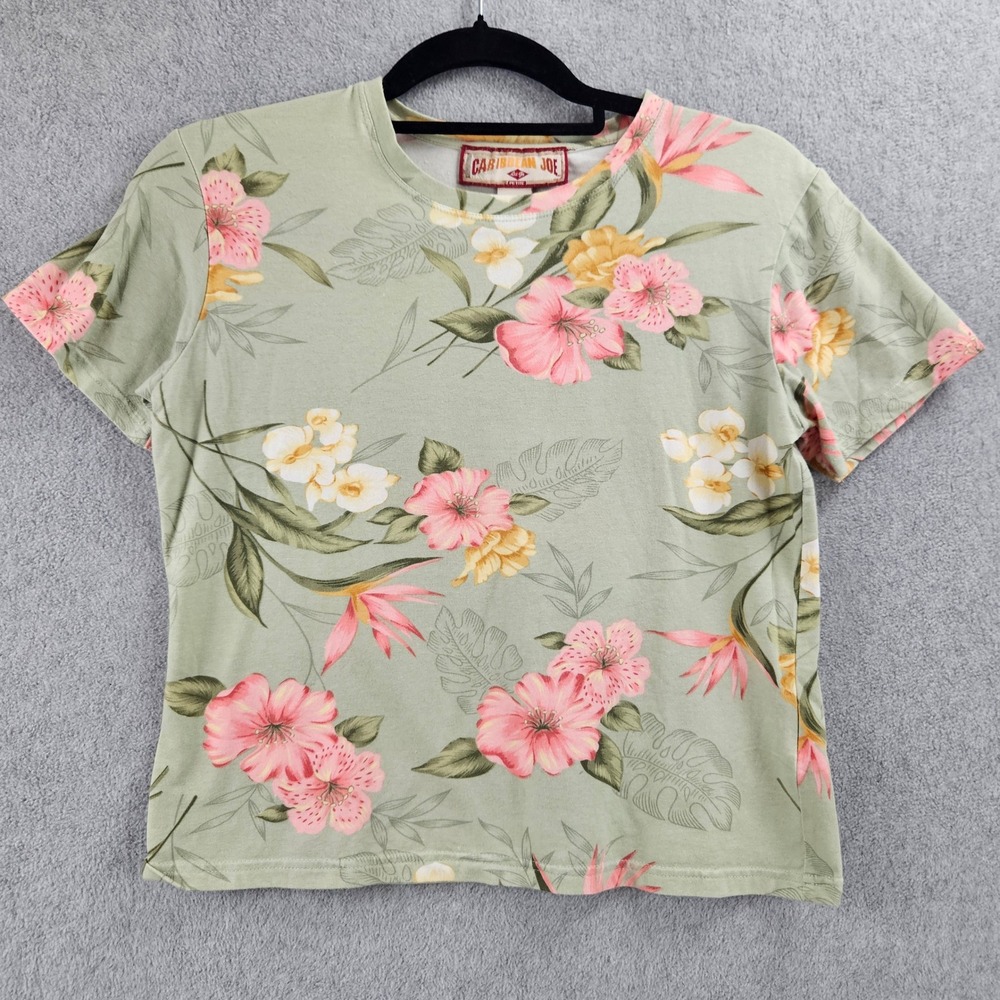 CARIBBEAN JOE - Womens PM Sage Green Tropical Floral Short Sleeve T-Shirt